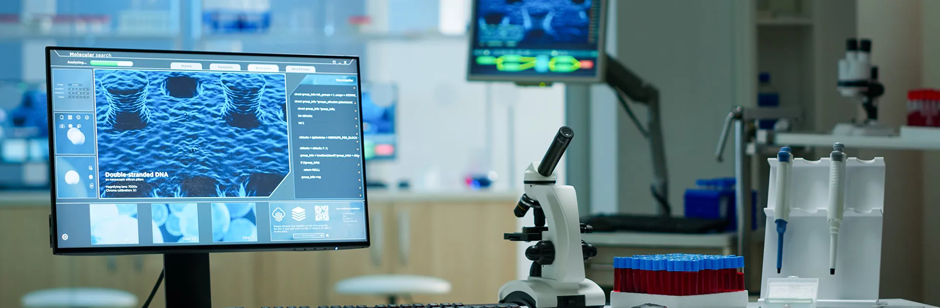 Mikroskop und Bildschirme mit medizinischen Inhalten