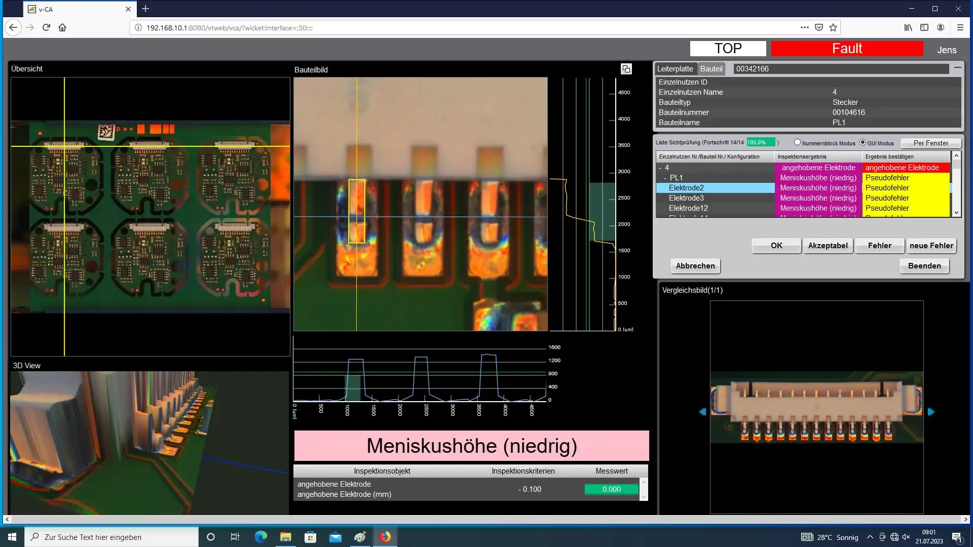 Null-Fehler-Produktion Screenshot vom Prüfprogramm mit niedriger Meniskushöhe