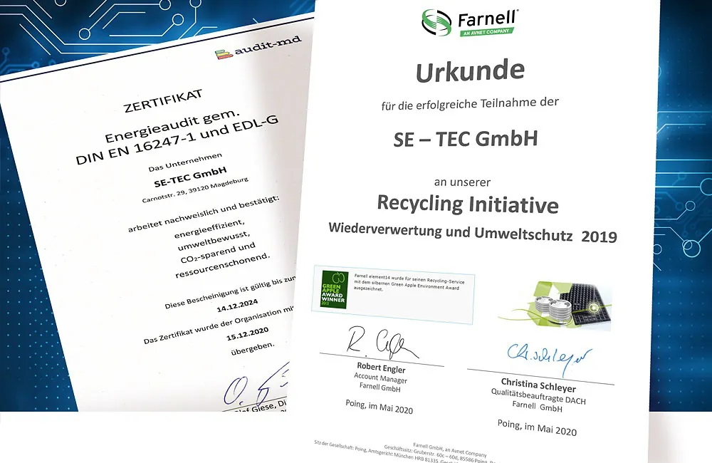 Urkunde der Recycling Initiative und Zertifikat des Energieaudit gem. DIN EN 16247-1 und EDL-G
